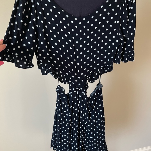 Lucca Couture Navy Blue Short Sleeve White Polka Dot Ruffle Dress - Picture 4 of 9